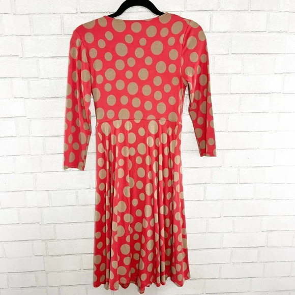 Boden Tan & Coral  Raspberry Dots Faux Wrap Polka Dot Dress Women\'s US Size 6R